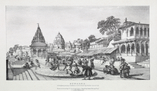 Bản đồ-Varanasi-Benares_A_Brahmin_placing_a_garland_on_the_holiest_spot_in_the_sacred_city_by_James_Prinsep_1832.jpg