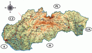 Kaart (kartograafia)-Slovakkia-detailed_road_and_physical_map_of_slovakia.jpg